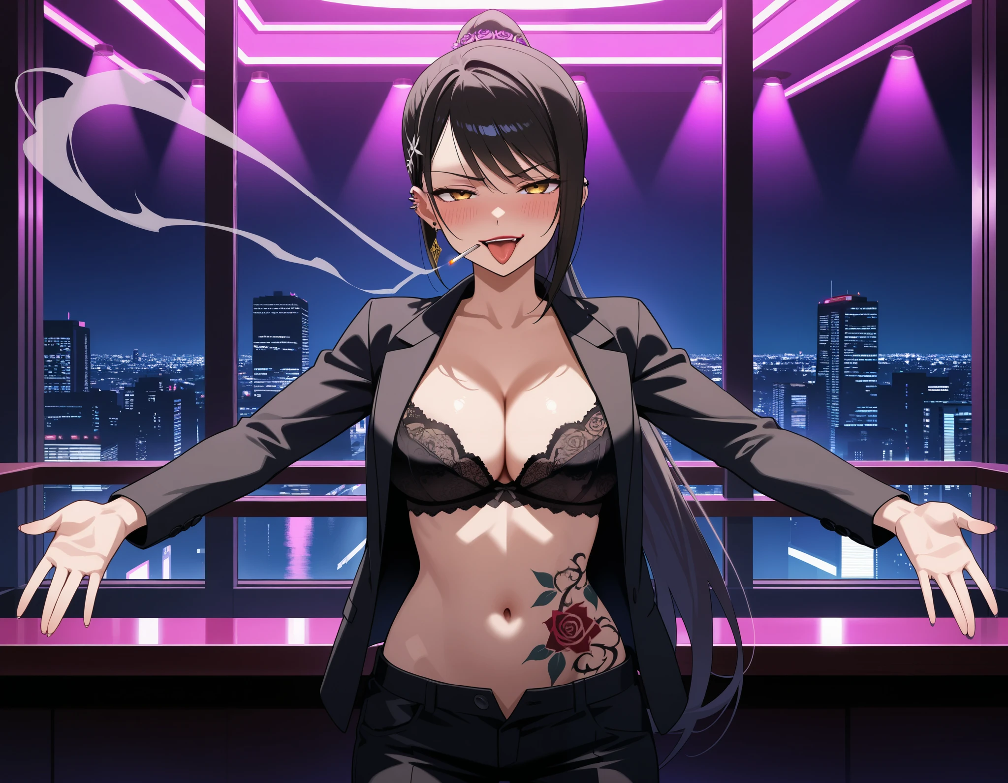 chabashira, 1girl, ponytail, black hair, blush, lipstick,  ear piercing, long hair, blush, lipstick,Hot girl, baddie, smoking, sensual, attractive, nightclub, bar, indoor, cityscape, building,  city lights, blush, lipstick,  long sleeves,
cleavage, jacket, unbuttoned pants, black jacket, black pants, formal, suit, black bra, evil smile, smile,
(nsfw) not safe for work, navel, evil expression, exposed belly, exposed navel, exposed midriff,
exposed lower belly, unbuttoned long black pants, open mouth, holding a gun, holding pistol,, dragon tattoo, tattoo midriff, rose tattoo, open arms sideway, arms T-pose, smirk, standing, anime girl T posing, , tongue out,