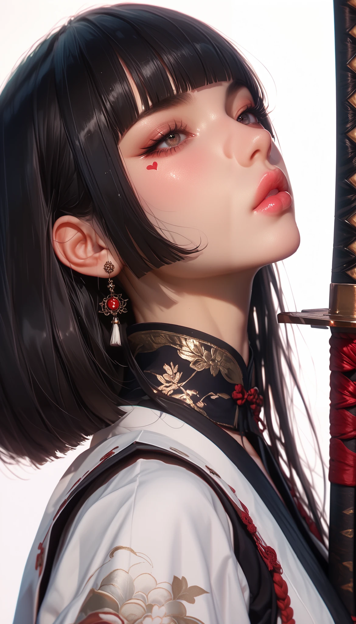 samurai、Thick lips、depression、20 years old、woman、 black hair 、 red cheeks 、 pink lips、 long straight hair、Bob、hime cut、 simple background、Profile Stand 、whole body、 hold a Japanese sword、 shot with a wide-angle lens