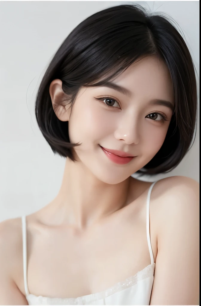 ((masterpiece, top quality, high definition)), 1 girl, (photorealistic: 1.4), solo, white background, snow-white background, mouth closed, happy smile, happy smile, pretty black hair, short hair, big eyes, clear double eyelids, eyelashes, ears out, long neck, long neck, absolute area, ((face close-up)), (drawing all head, shoulders), 19 years old, Attractive proportions, shiny skin, clean collarbone, golden ratio face, perfect face, teardrop mole, mole on chest, bangs, clean bangs, lip gloss, pale lips, pale skin, naked, big breasts, small face, small face, draw all head, draw all shoulders, from side, gaze staring at the camera