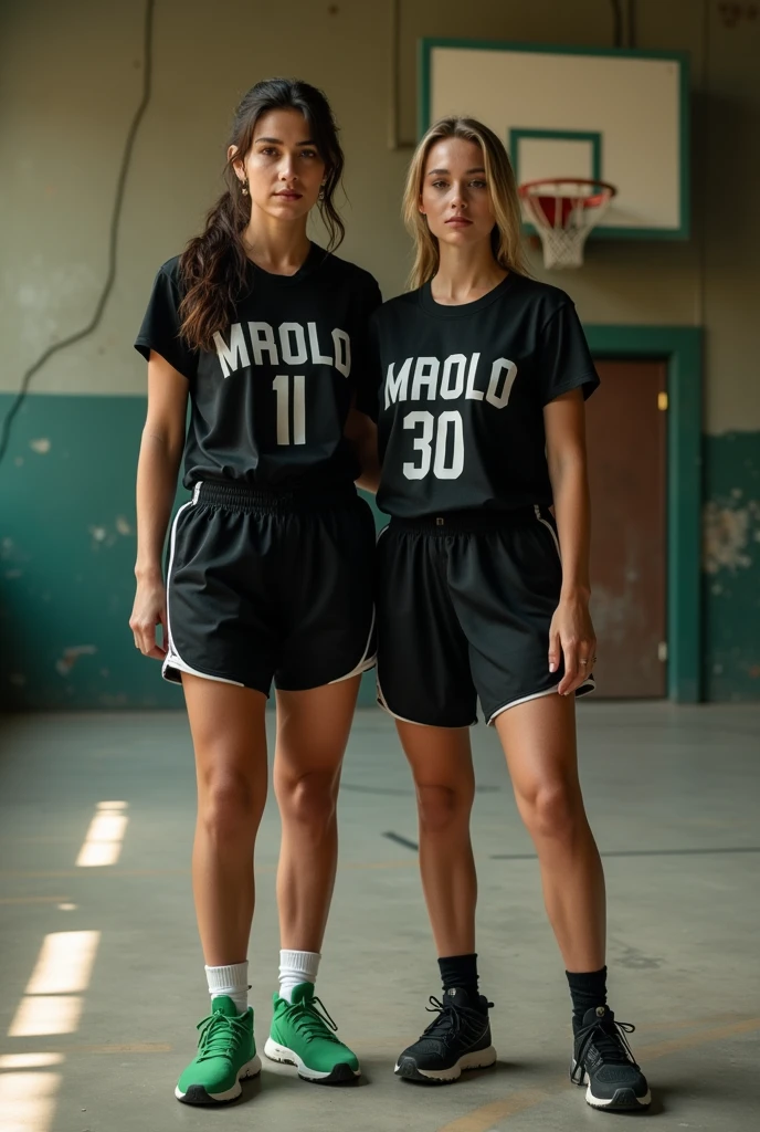 2 jolies femmes, une femme avec les cheveux noirs, l'autre femme avec les cheveux bruns, en tenue de basketball, avec un ballon de basket, avec un panier de basket derrière, short et t shirt de basket, les 2 femmes se regardent dans les yeux, elles sont de côtés, l'une des 2 a des (boobs)