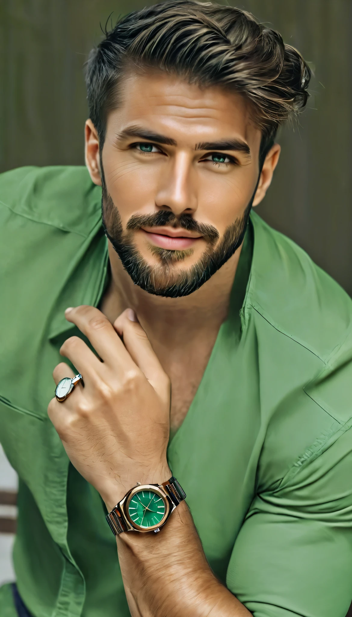 A European man with a beard and a watch on his wrist., Attractive Man, handsome and attractive, handsome male , Attractive Man, attractive and handsome face , handsome man, male and handsome, Beautiful face, perfect Beautiful face, Beautiful face and beautiful face, Wearing a watch, Handsome young man, extremely handsome, very Attractive Man with beard, good looking, attractive and handsome, modern haircut sexy pose , Anatomically Correct, sepiated photograph , light green shirt