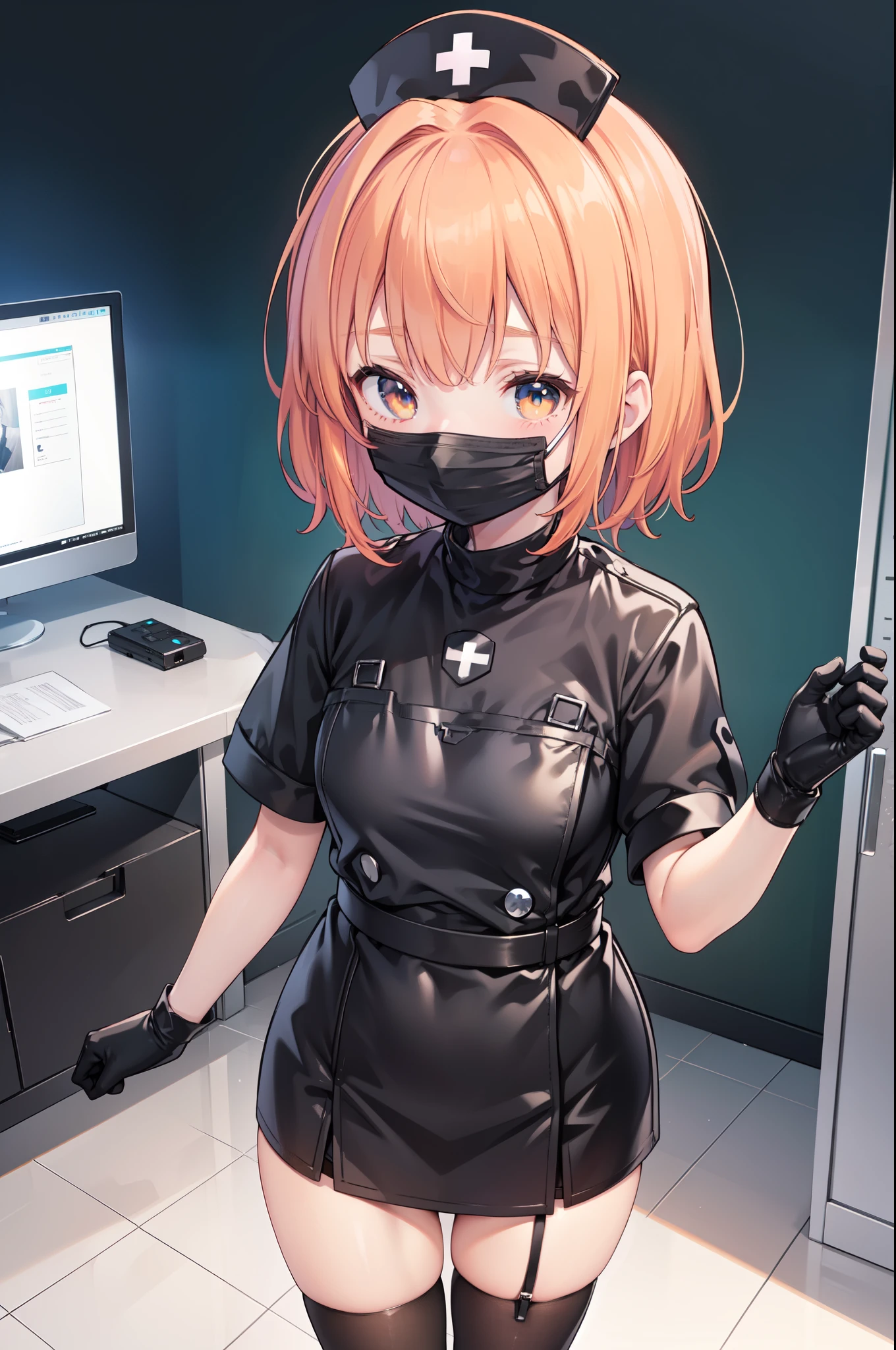black nurse, 1girl, solo, black nurse cap, black nurse uniform, ((black legwear, zettai ryouiki)), black elbow gloves, very short hair, orange hair, ((black surgical mask, covered nose)), standing, ((surgery room)), sharp outline, short sleeves, tomboy, boyish, best quality, masterpiece
