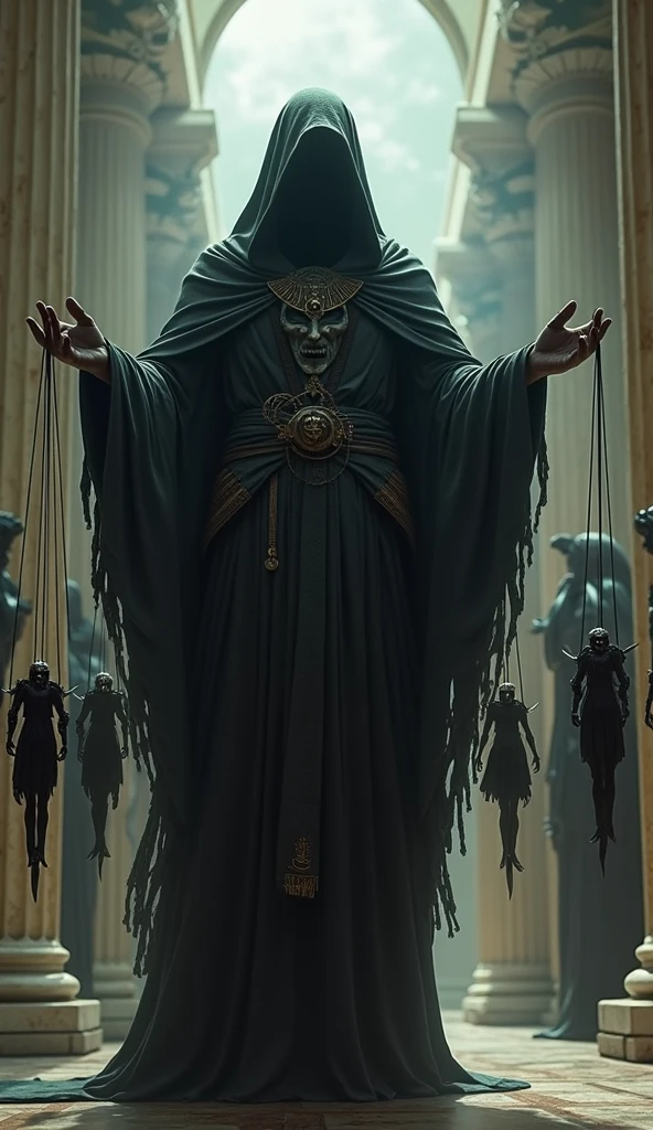 generate a Greek god who can control other Greek gods with arionette puppets and make the god look creepy
