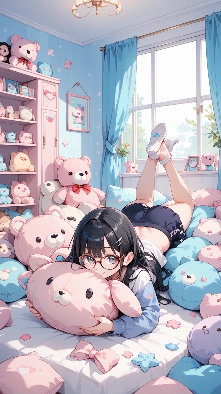 Black hair, glasses, cute, big stuffed animal, stuffed animal shop, girl holding a stuffed animal