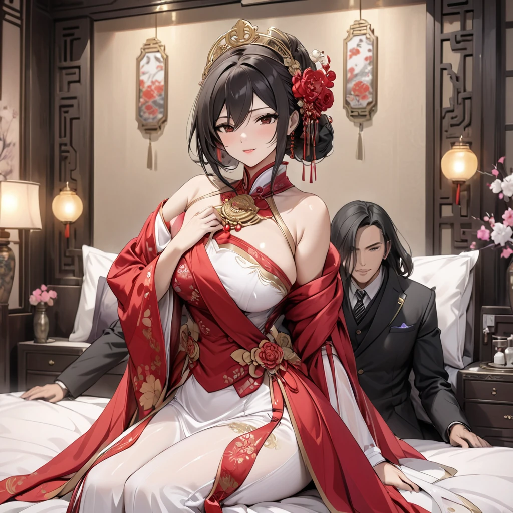 ancient China　Princess with long black hair　　Crying and blushing　　Forced to have sex with the old emperor　Wearing a super shiny red long sleeve raincoat and Chinese clothes, he is forced to have his penis thrust into his crotch on the futon.　Virginity loss crisis　