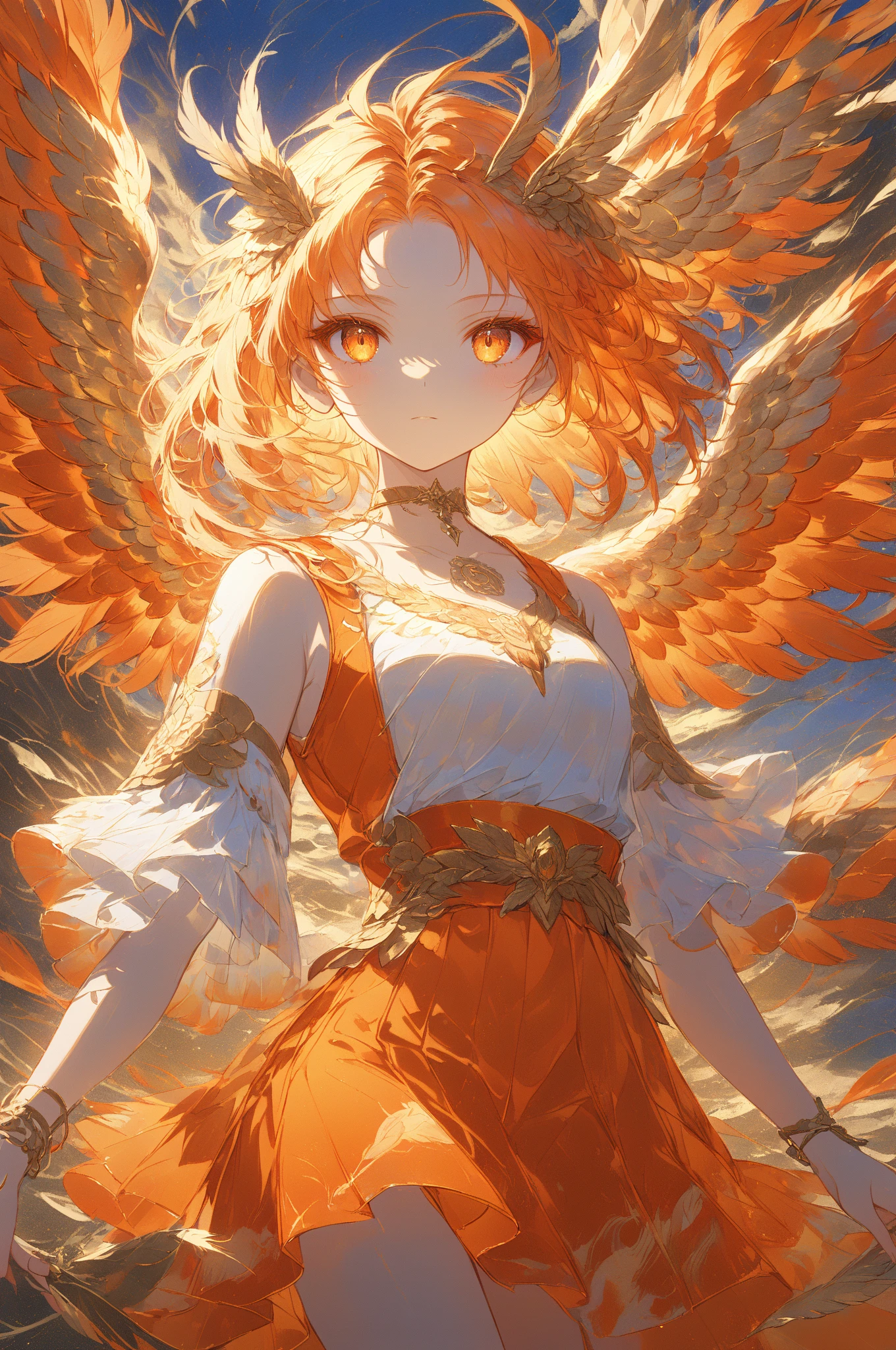 Masterpiece, high quality, high resolution, 16K, highly detailed background, digital painting, unreal engine, Makoto Shinkai illustration, hyperrealistic, fantasy, petite girl, A radiant phoenix with golden feathers, beautiful face, beautiful skin, long eyelashes, beautiful eyes, beautiful legs, full body, orange hair, messy hair, red tips, golden eyes, fair skin, flame pattern on hands and arms, tank top and skirt, white and orange based clothing, transparent material, choker, no expression, fire magic, burning sunset, dynamic angles.