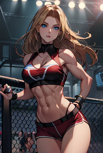 ((1 woman, Alone, ( blue eyes, long blonde hair, big chest,  Glamorous , Muscular, Fitness)), The crowd around, Round girl leaning on a ring,  red sports bra showing chest bone, Tight red sports shorts , White Belted ,  Walking Around the Ring , Sensual pose,  beautiful face , Abs, slim body, Fitness)),  ultra high definition ,  perfect picture quality, In great detail,  dark light , 4K, Muscular 체형, Tall, sexy, balanced ratio, Glamorous body, Perfect eyes,  perfect face without magic circle, 1 woman)), ((slim body,   Athletic Body  ,  well-balanced )),, 