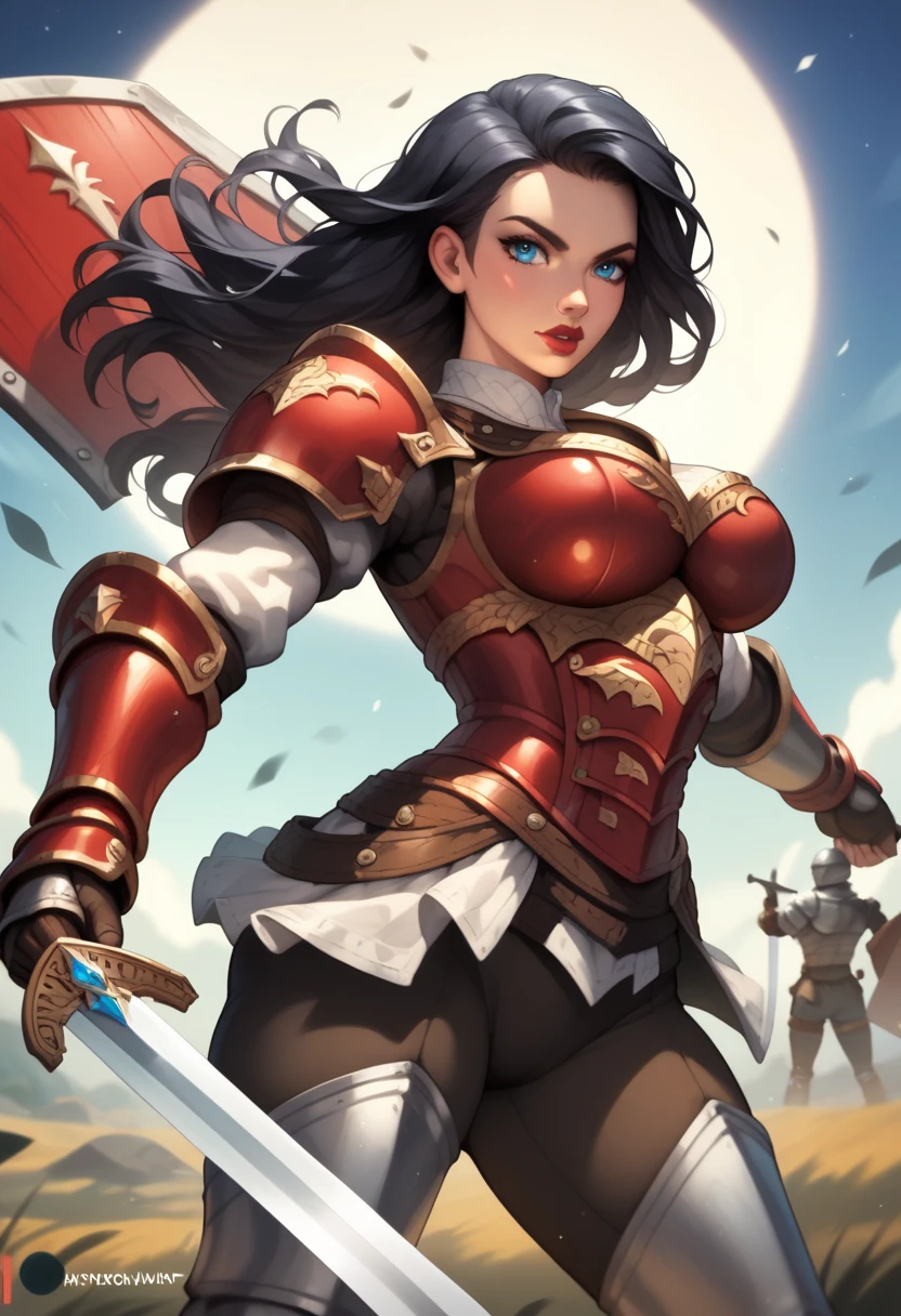 High quality, high resolution, masterpiece, 1 girl, beautiful, (red armor: 1.2 ), gorgeous ice blue eyes, long wavy black hair, plump red lips, slim, slim waist, big breasts, wide hips, big butt, curvy, knight, (cool sword: 1.2 ), shield, badass, cool, awesome art, calm, cool pose with the sword, battlefield, night, fighting enimies, winning, sword in her hand, slashing 
