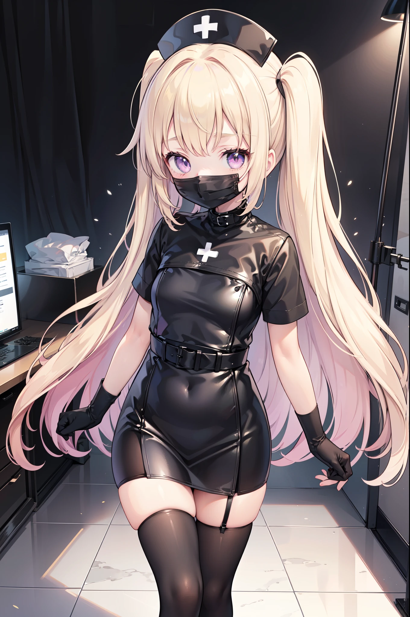 black nurse, 1girl, solo, black nurse cap, black nurse uniform, ((black legwear, zettai ryouiki)), black elbow gloves, twintails, yellow hair, purple eyes, ((black surgical mask, covered nose)), standing, ((surgery room)), sharp outline, short sleeves, best quality, masterpiece