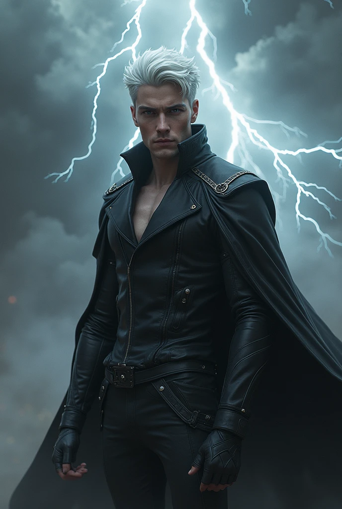 one men, age 26, offwhite, ashen hair, short gray beard, blue left eye, yellow right eye, blue scar on face, ángel wings. Wearing a long black outfit, black cloack, black pants, raising a sword , rain and lightning scene