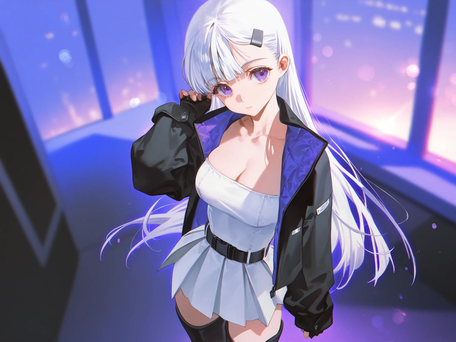 top quality、Top image quality、Masterpiece、teenage girl((wearing hood、Open chest black hoodie、black skirt、18 years old、 Ajer、best bust、big bast,Beautiful light blue eyes, long golden hair、A slender one,Great Valley、Reflect the whole body、lol、最好的微lol、Stain your cheeks red、stare at、eyes sparkling、piece sign)),high quality、beautiful art、background with((on the roof、Beautiful shooting stars、Yuki))Masterpiece、depth of field,