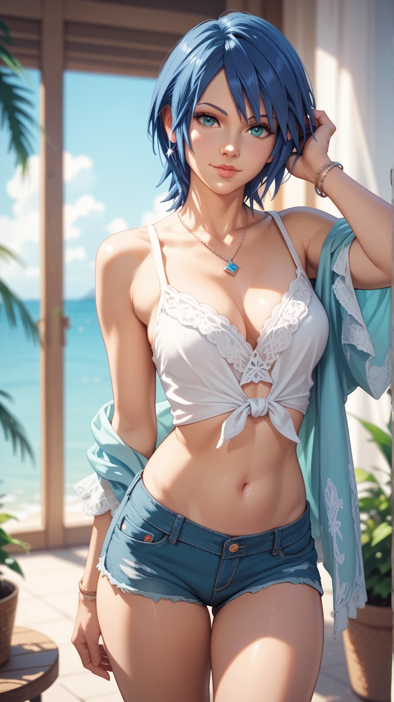 (Masterpiece, Best quality:1.2), Shoot all over the body, cum shots, Summer, shot on the body, 1girll, Solo, Huge breasts, view the viewer, Smile, Short hair, Blue hair, bangs, Blue eyes, Pregnant women with, cleavage, Bare shoulders, nipple bump, White jacket, Milk drips all over the body, Open clothes, shairband, , grin, nakeness:1.3, sunglasses, eyewear on head, Tattooed with, white nails, beach, palmeiras