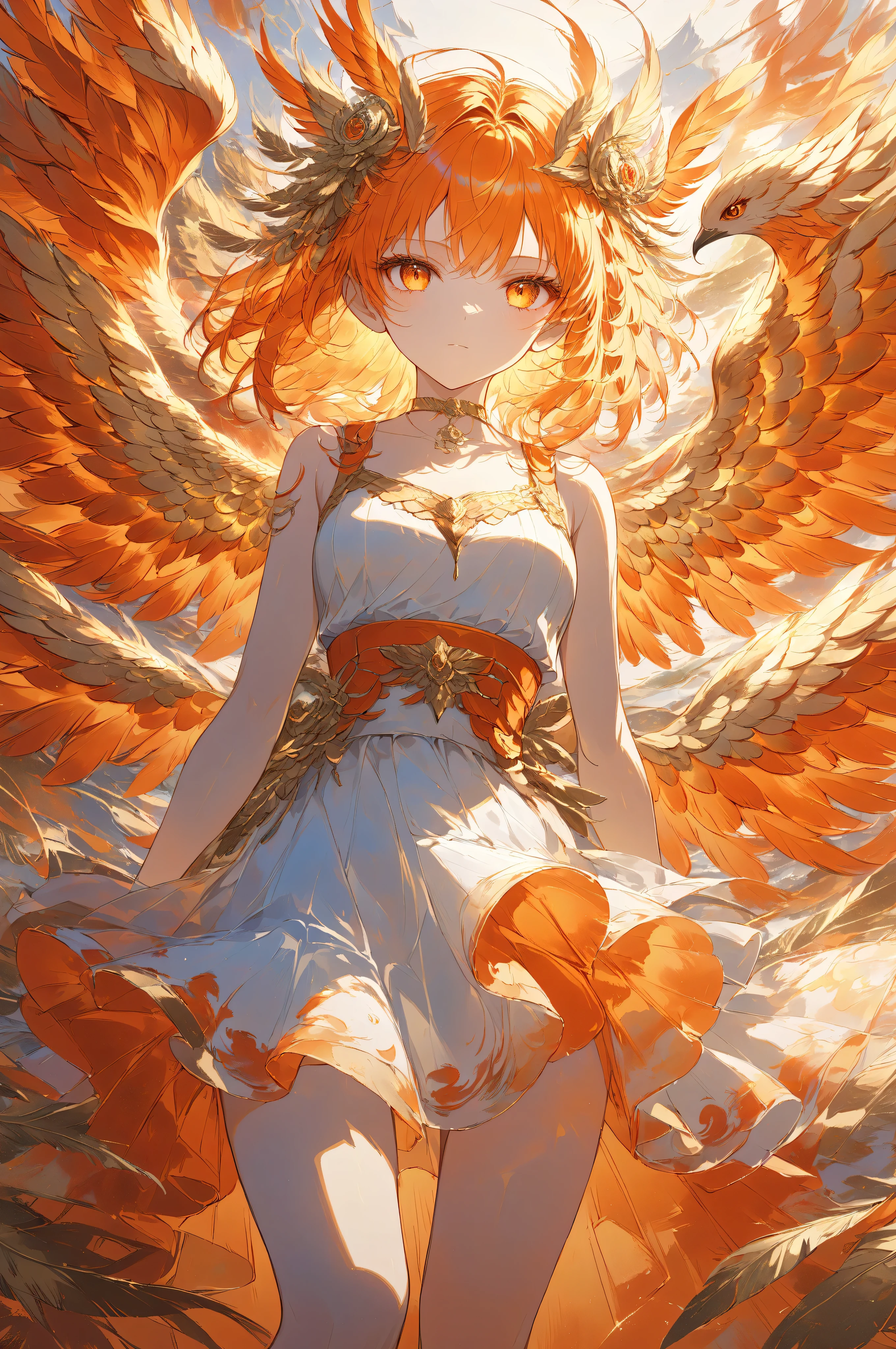 Masterpiece, high quality, high resolution, 16K, highly detailed background, digital painting, unreal engine, Makoto Shinkai illustration, hyperrealistic, fantasy, petite girl, A radiant phoenix with golden feathers, beautiful face, beautiful skin, long eyelashes, beautiful eyes, beautiful legs, full body, orange hair, messy hair, red tips, golden eyes, fair skin, flame pattern on hands and arms, tank top and skirt, white and orange based clothing, transparent material, choker, no expression, burning Sunset, dynamic angles