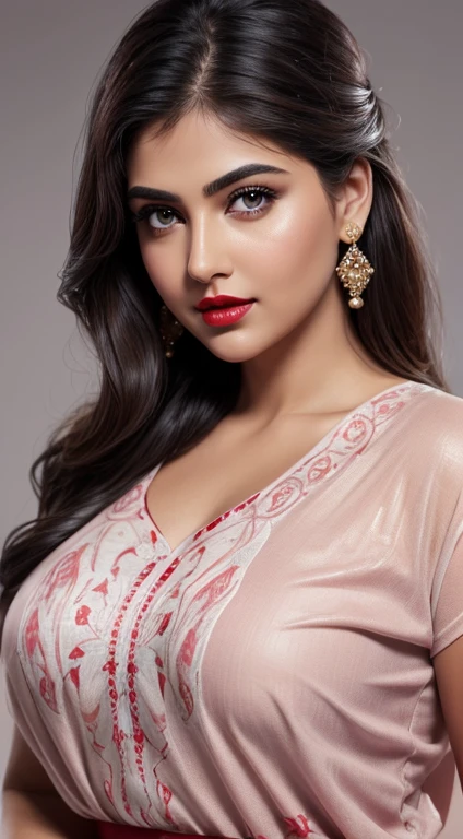 waist high, big , night bokeh effect background, bodycon, Perfect pink eyes, Great face, Indian, Beautiful appearance, ((Red lips, Bright Eyes, Curve Heir 1.5)), ((Beautiful detailed body)), Amazing gorgeous, amazing beautiful face, Pretty face, Bright Eyes, allured chest, small waist, striking pose, Elegant printed shirt with attention to detail, Updo Elegant Hair, Blurred gray tone background, super concentrated, Illuminate, Facial details, 8k resolution, I drew, Dry brush, Brush strokes,