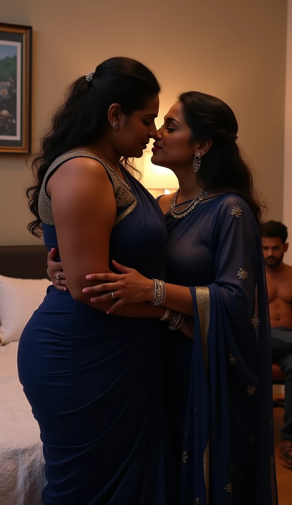 Indian women with British man, Indian women wear light blue full saree and British man wear white formal dress in bedroom, they are hugging pose, too much cum on Indian women face, cumshot on Indian women face