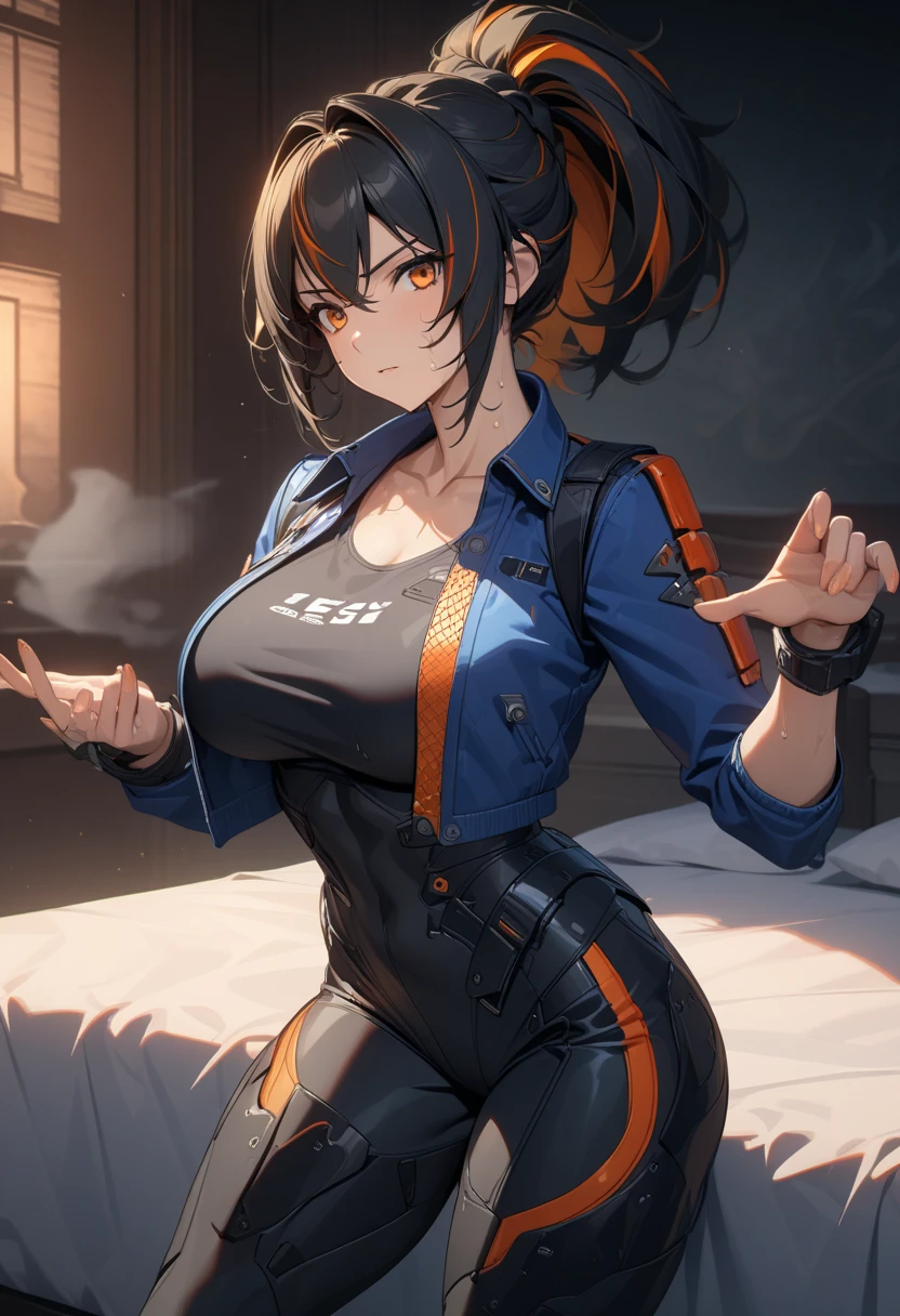 masterpiece,best quality,high resolution,8k,ultra HD,wallpaper,illustration,perfect face,cowboy shot,beautiful detailed eyes,extremely detailed face,perfect lighting,extremely detailed CG,perfect anatomy,perfect body,perfect hands,perfect fingers,1woman,full body,,muscle fighter body,(black long ponytail hair with orange mesh lines hair:1.2),orange eyes,large breasts,Medium ass,, (blue open jacket),black short hot pants,,clothed,,collarbone,,looking at viewer,(),Steam,sweat, on the bed,(Zenless Zone Zero character Zhu Yuan),adult,