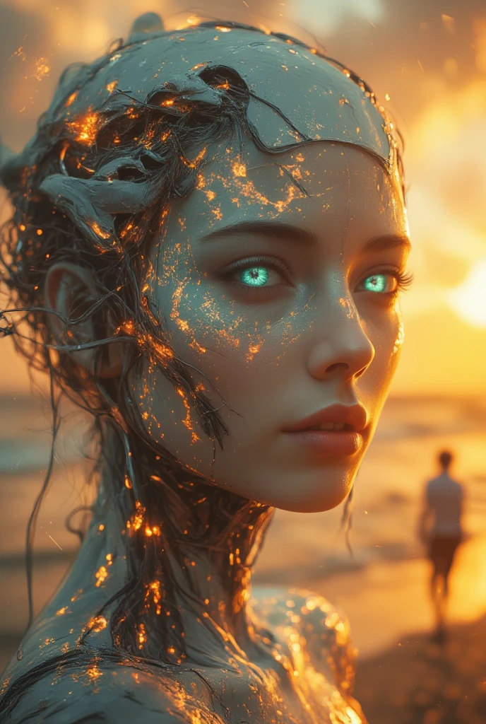 Create a picturesque image of a calm beach cool look, action, big turquoise eyes, perfect eyes, best quality in the charming art style of Pino Daeni. Robot girl, porcelain face and head, no hair, detailed realistic close-up. Capture the beauty of a serene Sunday evening, when the sun sets over the ocean. Use a medium perspective with the Canon EOS R6 Mark II and Sigma 50mm f/1.4 DG HSM Art Lens to achieve highly detailed, photorealistic and romantic renderings. Celebrate the warm golden hues of the sunset reflected on the calm waves and soft sandy beach.Be sure to include a couple leisurely strolling along the shoreline, conveying a feeling of love and relaxation. The image should be in high resolution, ideally 8K, with a fabulous and emotionally evocative atmosphere, reminiscent of a Pino Daeni painting, the effect of broken glass, no background, stunning, something, what doesn't even exist, mythical creature, energy, molecular texture, iridescent and luminous colors, breathtaking beauty