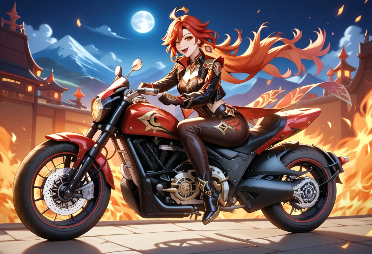 A tall woman in realistic portrait of high quality and detail, 1girl, long red hair, orange eyes, wearing black leather jacket, black leather long pants, black boots, high res, ultrasharp, 8K, masterpiece, looking at viewer, full body photo, magnificent scene, epic scenes, large moon, fire, warrior, mountains, hero, a motorcycle in the form of a red dragon, motorcycle, Mavuika (Genshin Impact), spirit of fire, fire behind her back, Teotihuacan on the background, happy atmosphere, happy smiling look, glow, eye shadow, 