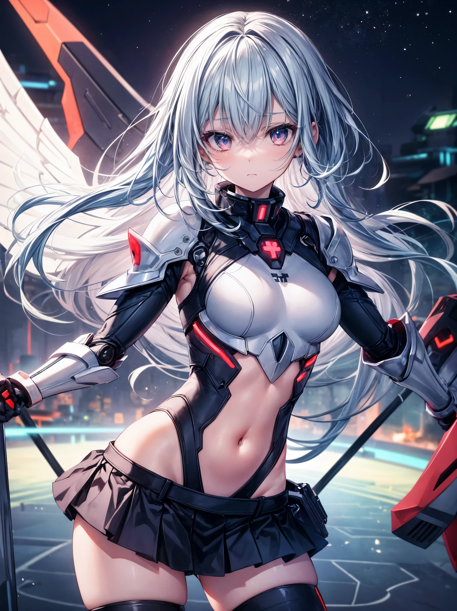最high quality、best image quality、masterpiece、girl((20-year-old、 By becoming、vest bust、medium bust,wide open breast tea、shining eyes, light blue hair、long hair、thin,highest valley、ponytail、robot body、Machine body、red lipstick、half-backed posture、floating state、mechanical sword、sharp mechanical wings、shiny boots、smile)),high quality、beautiful art、background((spark、up in flames、red lighting、meteor))、Flight、debris flies、Depth of written boundary、movie、visual art、perfect art、8k,genuine、