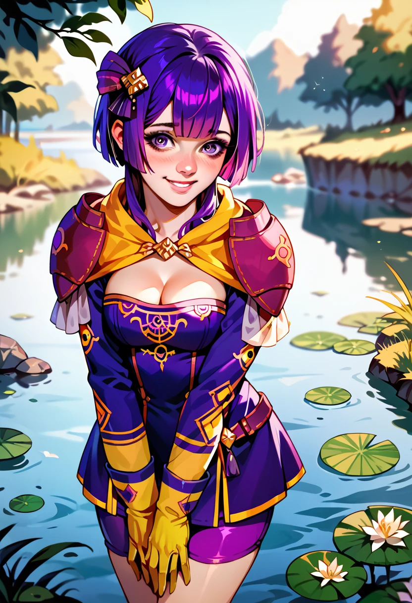 Illustration, realistic proportions, warBernie, short purple hair, hair ornament, shoulder pads, purple dress, short dress, bare tits, long sleeves, purple shorts, cleavage, yellow gloves, shy smile,  standing on the coast of a lake, watching towards water