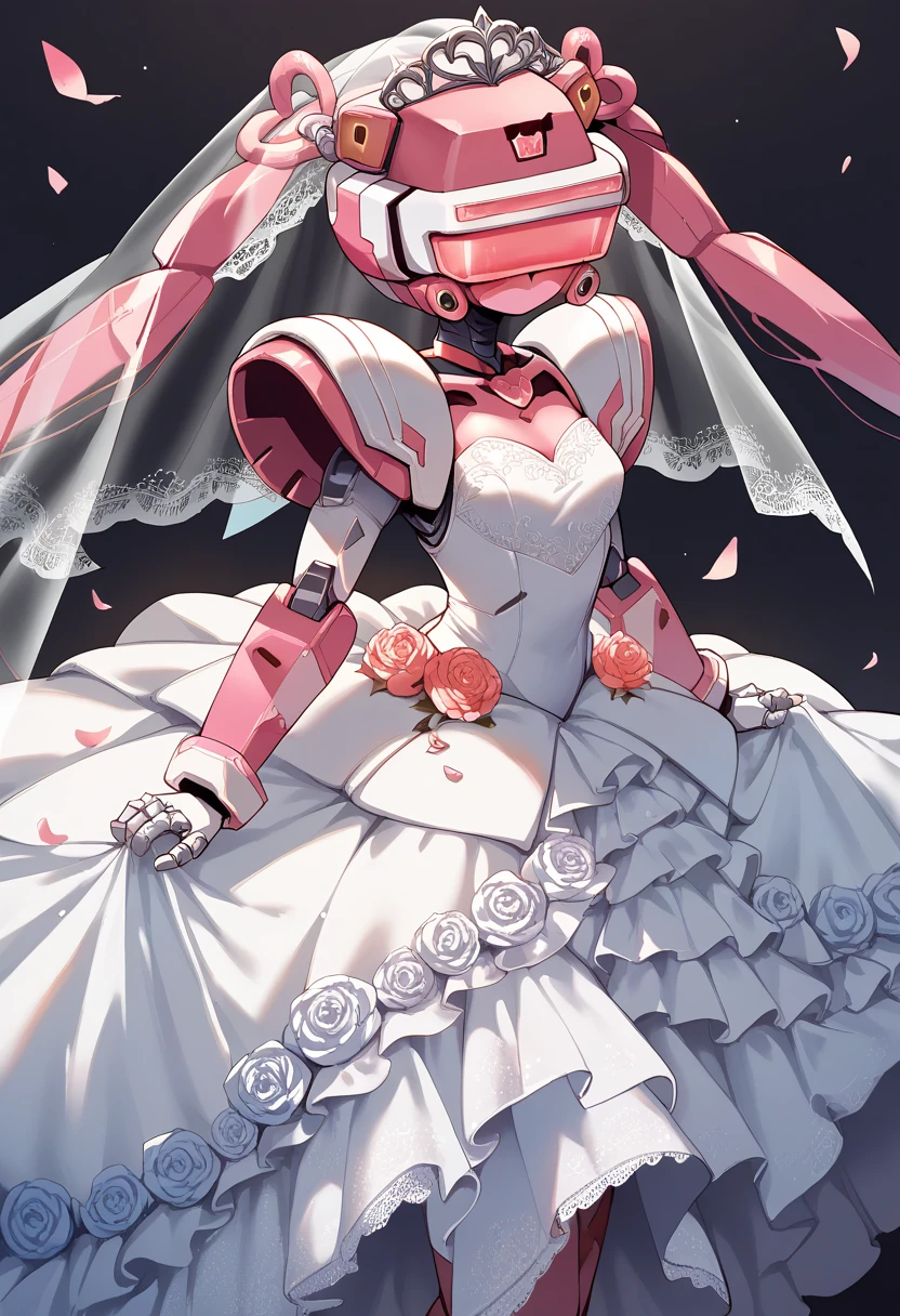 masterpiece, high definition , top quality,8k
(twintails,mechanical girl,mechanical body,mechanical goggle,pink body color,no mouth)
(wedding dress,bridal veil,Shoulder Off)