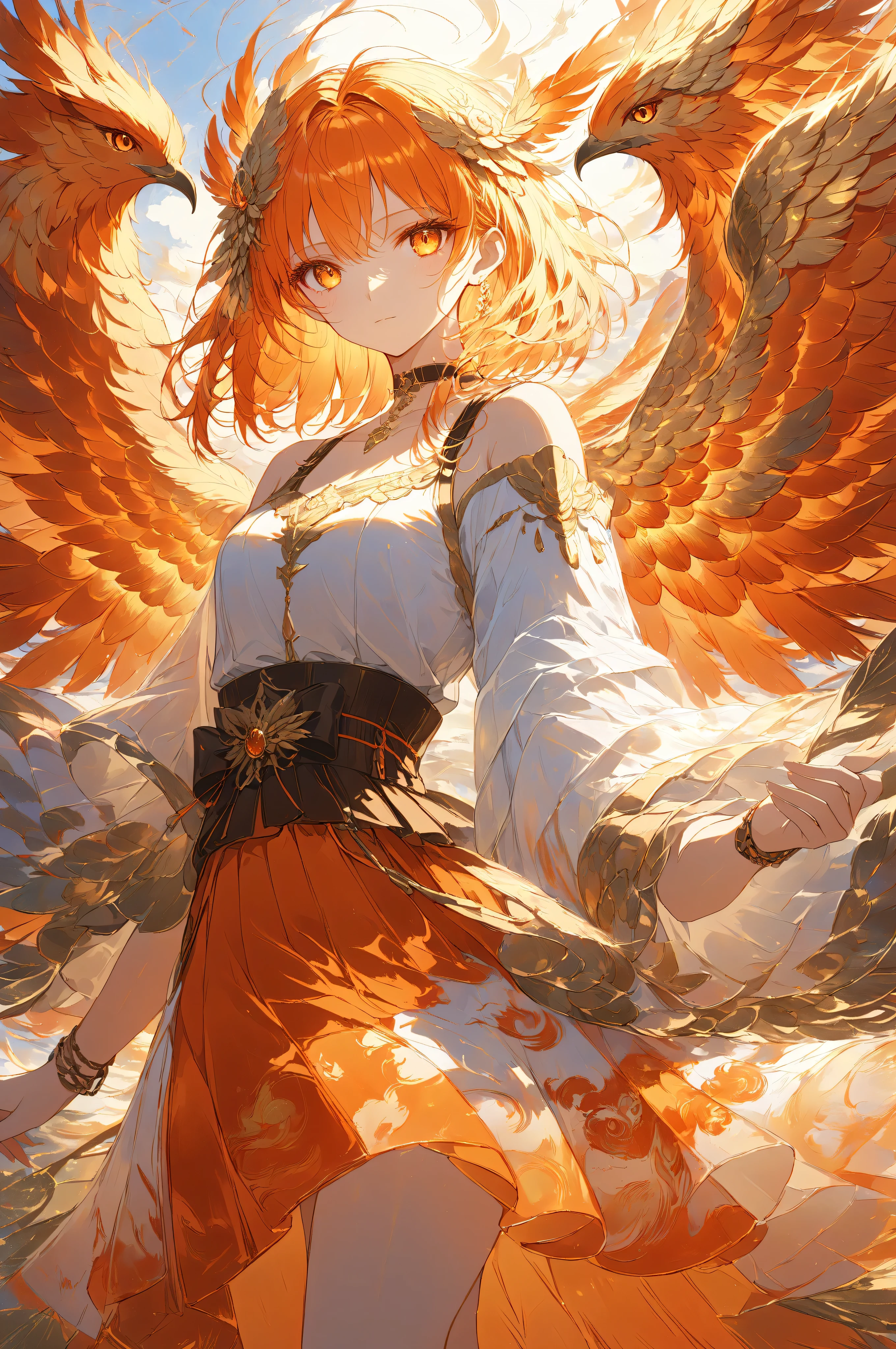 Masterpiece, high quality, high resolution, 16K, highly detailed background, digital painting, unreal engine, Makoto Shinkai illustration, hyperrealistic, fantasy, petite girl, A radiant phoenix with golden feathers, beautiful face, beautiful skin, long eyelashes, beautiful eyes, beautiful legs, full body, orange hair, messy hair, red tips, golden eyes, fair skin, flame pattern on hands and arms, tank top and skirt, white and orange based clothing, transparent material, choker, no expression, fire magic, burning sunset, dynamic angles.