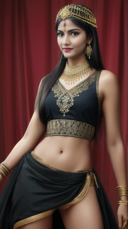 (photorealistic:1.37),indian women,sexy warrior,sword in hand,detailed eyes,detailed lips,long black hair,golden jewelry,flowing fabrics,navel,sexy top wear,vibrant colors,ornate headpiece,ornamental hilt,confident expression,graceful pose,beautiful backdrop,warrior princess