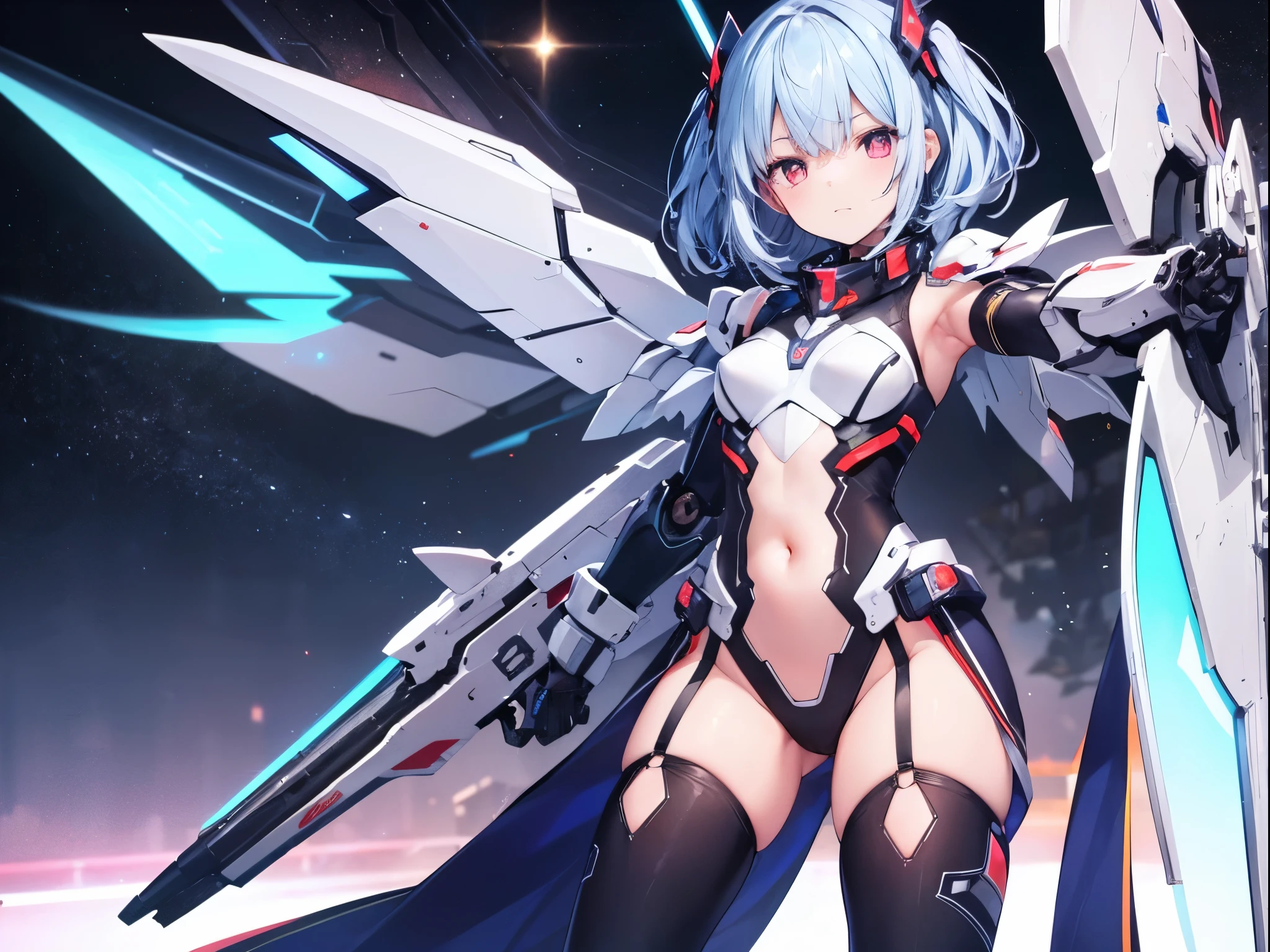 masterpiece, best quality, integrated scenery, integrated background, extremely delicate and beautiful, meticulous details, good composition, , cute face, perfect face, perfect hands,  1 supercute young_teen_girl ,Red Crossbone_chest_armor, mechanical wing, Space Background, (grid_neon_line_armor:1.2), Light Blue Hair, Red Eye, Perfect Body, Sexy, neon glow, Beam Cannon, Sad mood, very detailed, Fighting stance, mecha musume, detailed eyes, detailed face, Anime Art, Anime Style, Anime,(zettai_ryouiki:1.2),navel,sidelock_leotard,armpit