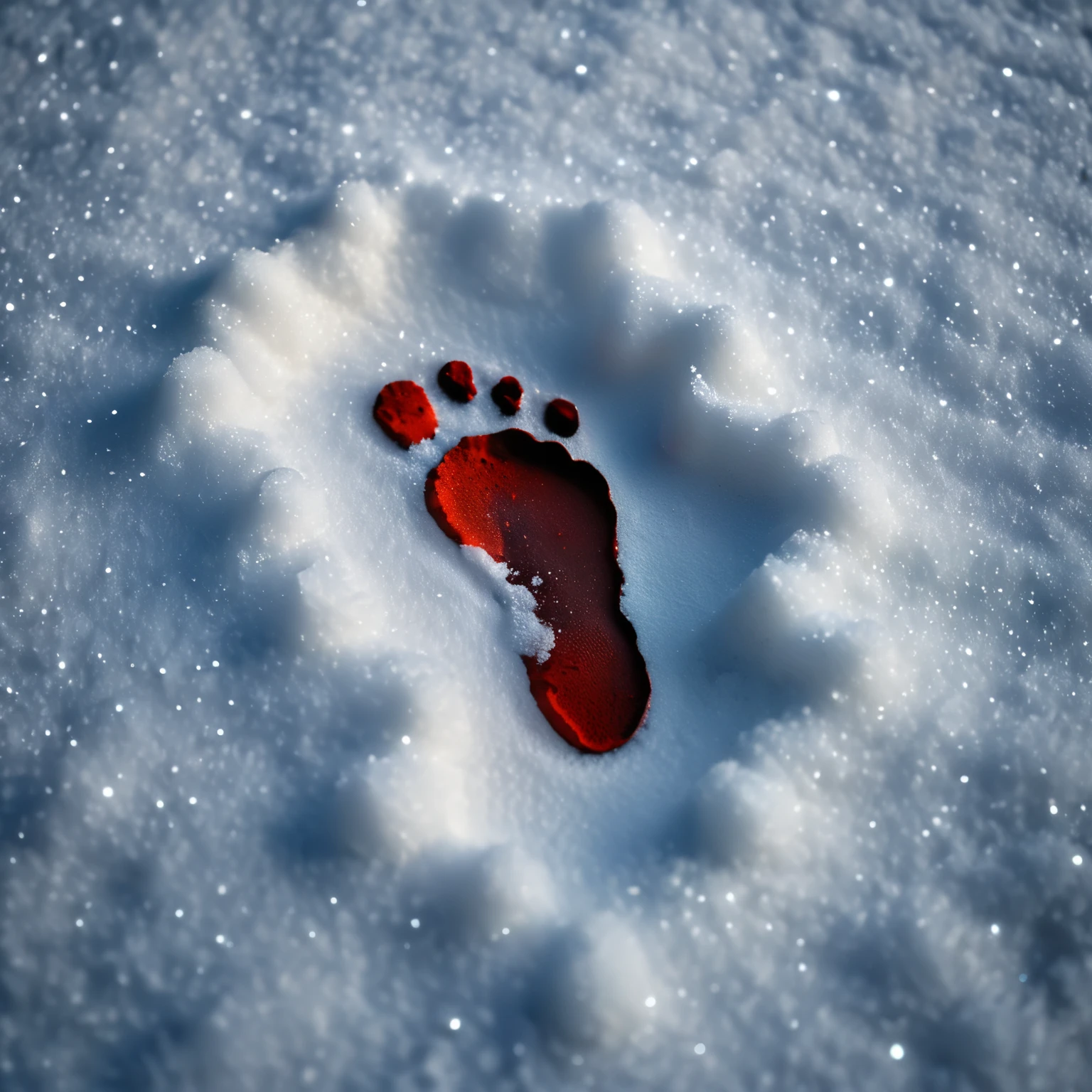 a realistic image of a footprint on the snow, from above shot, snow dyed in blood, (dark an grits atmosphere), at night, bokeh, diffused light, depth of field, cinematic, intricate detail, high-resolution image