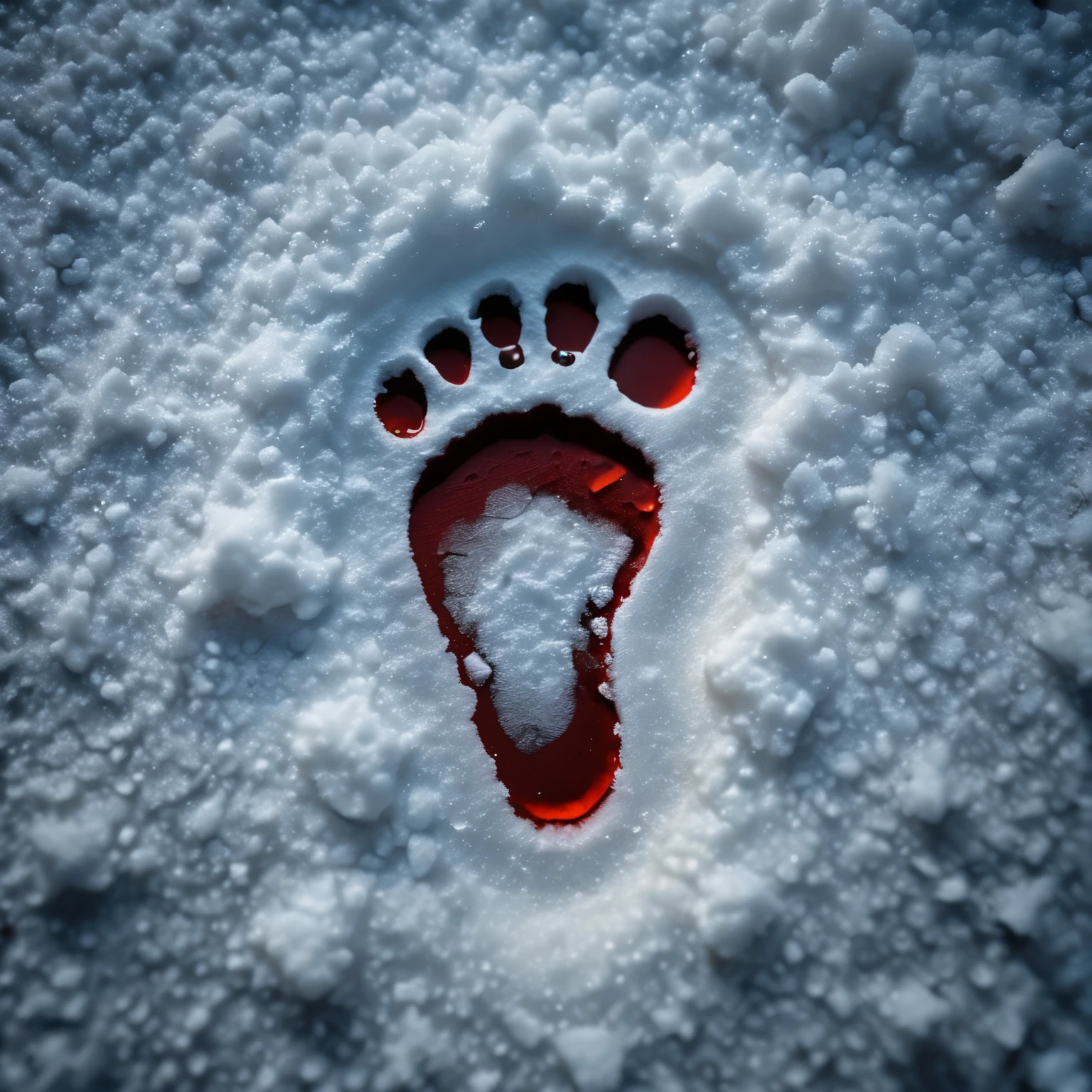 a realistic image of a footprint on the snow, from above shot, snow dyed in blood, (dark an grits atmosphere), at night, bokeh, diffused light, depth of field, cinematic, intricate detail, high-resolution image