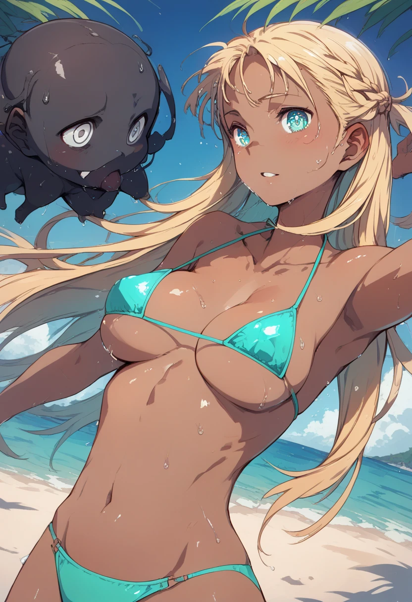 pt, beach ,electrical bikini,2Girl,Sprinting, wet and shiny skin,Wet and luscious naked,Shiny nudes, vibrant colors,primary color,dark skin color,casual blonde long hair,Bullish expression,High school girl gal,I don't braid my hair, two girls with black skin,Tree Eyes,they both have black skin 