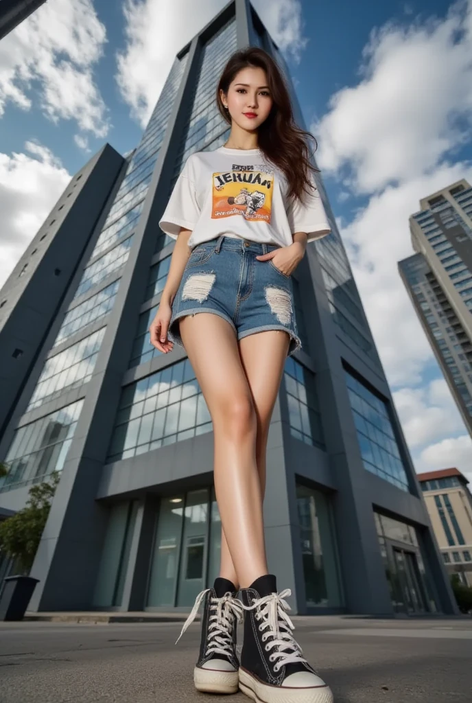 Lisamy, (masterpiece),(best quality:1.2),official art,(extremely detailed CG unity 8k wallpaper),(photorealistic:1.4),1girl,solo,upper body,Ultra wide Angle perspective photography,middle of tall building,(shoot from above),(Oversized_graphic_tee:1.5),(Denim_shorts_with_patchwork:1.4),(Canvas_high-top_sneakers:1.3),