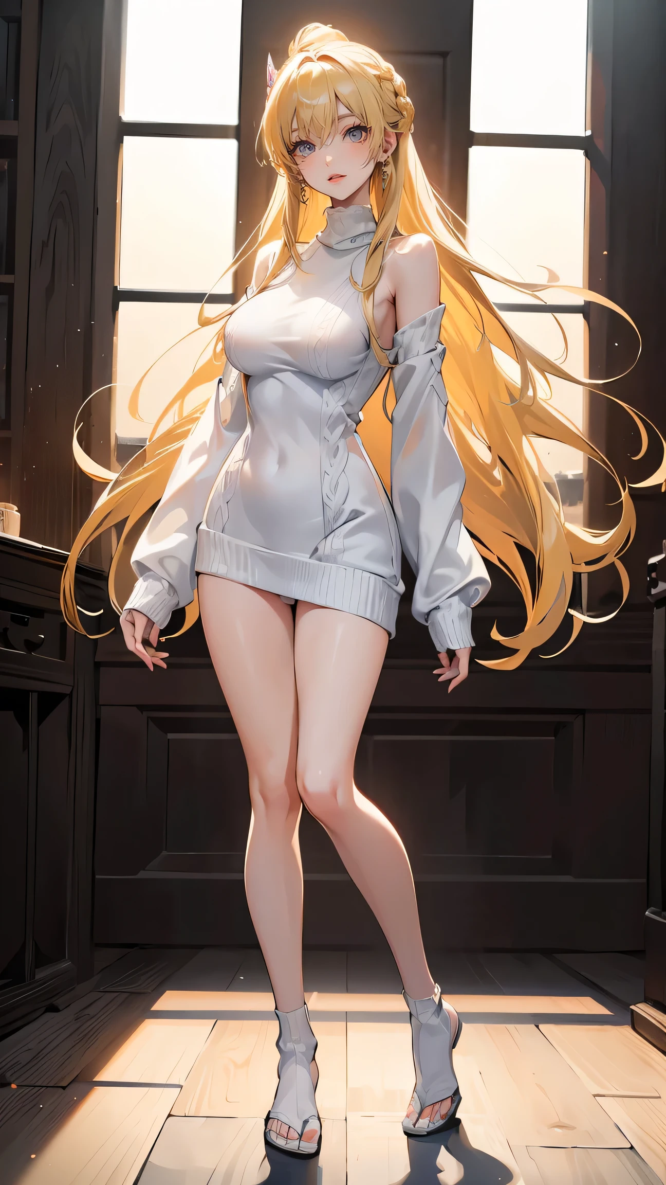 top quality、masterpiece、8k、 realistic 、超 high definition 、 Very Delicate and Beautiful 、 high definition 、Modern Japan、 perfect female body、Blonde、 long hair、white long sweater above the knee、Long sweater、heel、Less skin tone 、 Big Breasts 、Full body emphasis、 simple background、 smiles gently