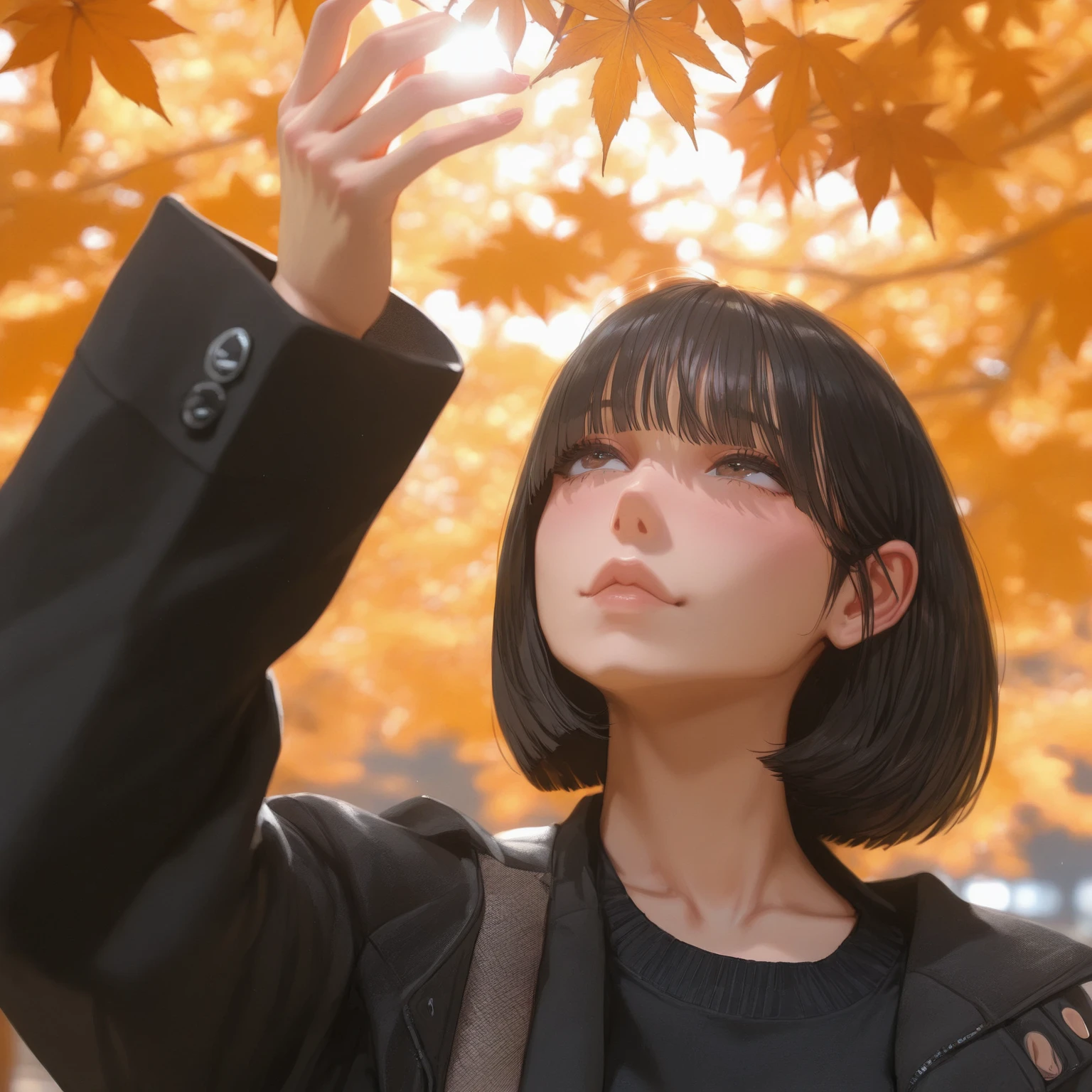 there is a woman that is looking up at the sky, 🍁 cute, 🍂 cute, with short hair, ulzzang, realistic anime 3 d style, anime. soft lighting, black hime cut hair, 🤤 girl portrait, white hime cut hairstyle, the hime cut, cute natural anime face, beautiful anime portrait, with short hair with bangs