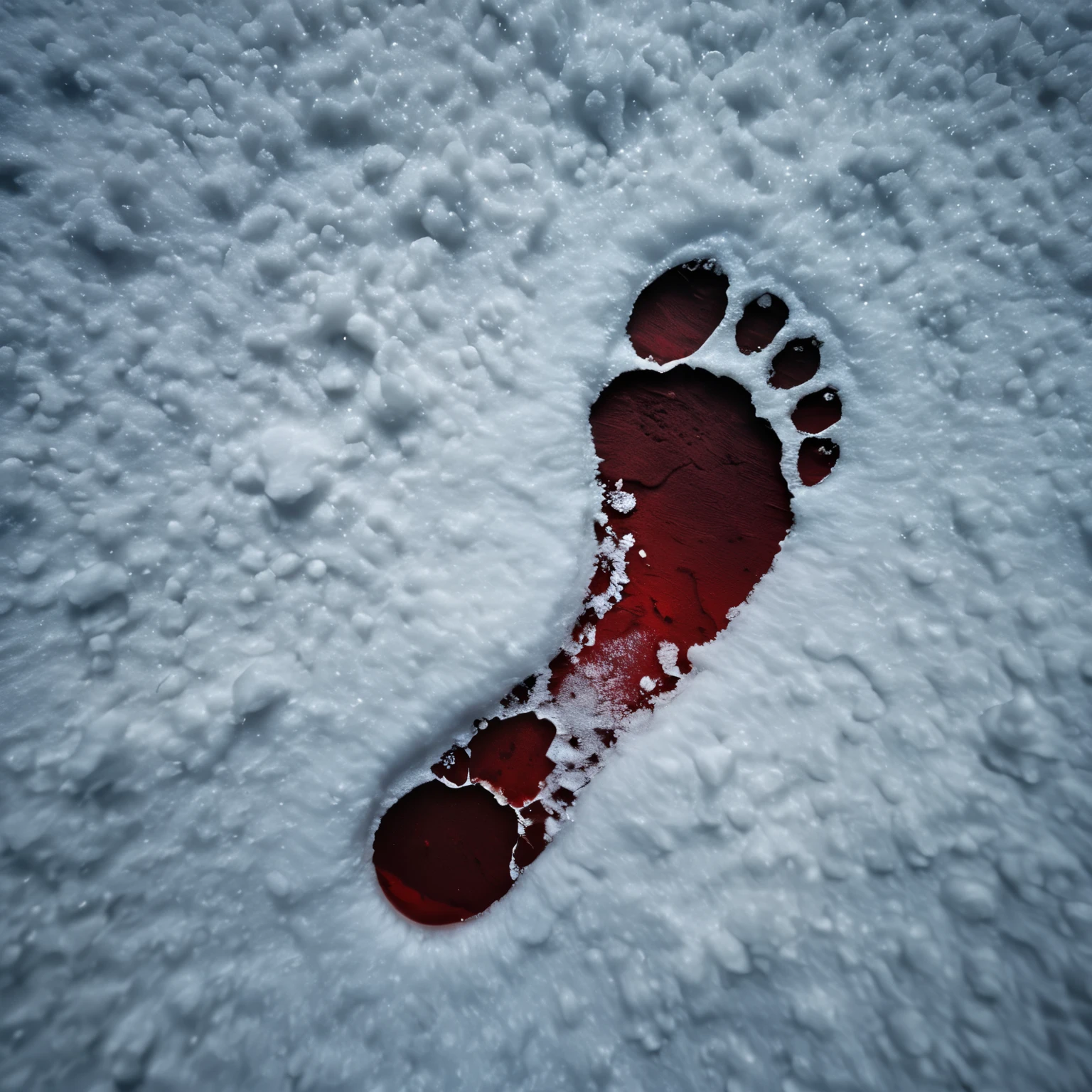 a realistic image of a footprint on the snow, from above shot, snow dyed in blood, (dark an grits atmosphere), at night, bokeh, diffused light, depth of field, cinematic, intricate detail, high-resolution image