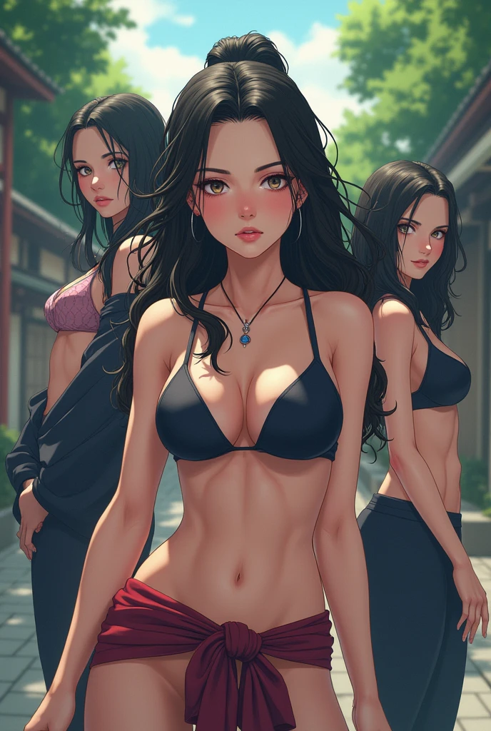 Prety-punk-rococo-tattoo-womandemon-ukiyo-e art world. A group of 7 demon-girls taking a selfie. They are of Spanish origin, they are young and beautiful. Dressed in a modern way with a lot of accessories. They are smiling and very happy