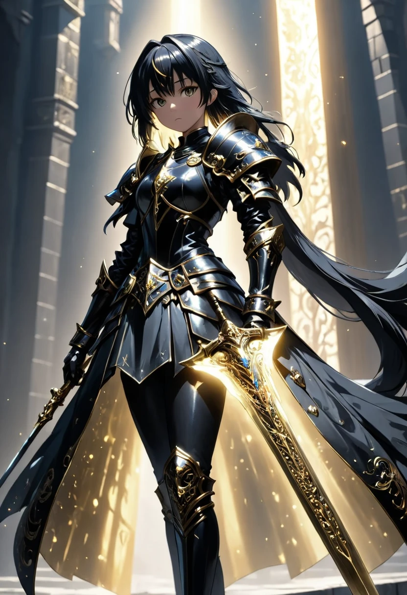 anime, solarum, cinematic shot,best quality, masterpiece,(masterpiece, best quality, ultra detailed, best shadow), (detailed background, dark fantasy),  `1 girl, (magic sword black in right hand, big shield (((卐))) in left hand gold))