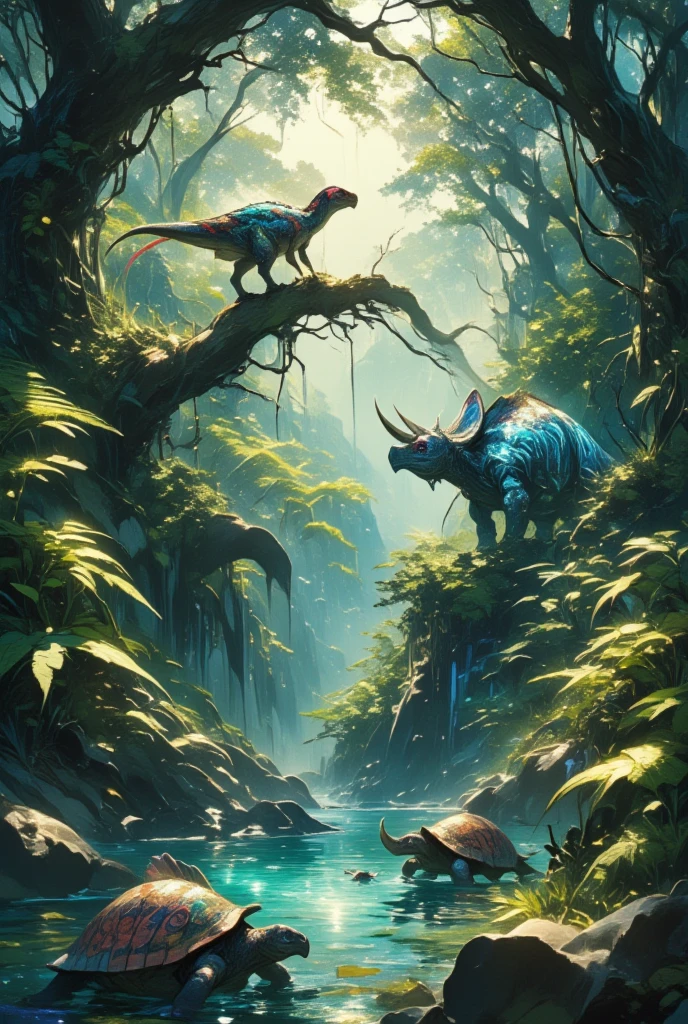 Imagine a dense, otherworldly jungle teeming with vibrant life, where towering ferns and enormous, twisted trees create a thick canopy overhead. Sunlight filters through in ethereal beams, casting a mystical glow on the creatures below. Among the flora, visualize a scene where a majestic, feathered velociraptor is perched on a tree branch, its iridescent plumage reflecting a spectrum of colors. Nearby, a family of triceratops with bioluminescent markings grazes peacefully, their massive horns adorned with climbing, luminescent vines. In the water, a pair of ancient turtles swim gracefully, their shells decorated with intricate, swirling patterns reminiscent of ancient runes. Capture the scene with a soft focus to enhance the dream-like quality, highlighting the sense of harmony and balance in this ancient ecosystem. The air is filled with an enchanting blend of exotic bird calls and rustling leaves, evoking the mystery of a world lost to time.