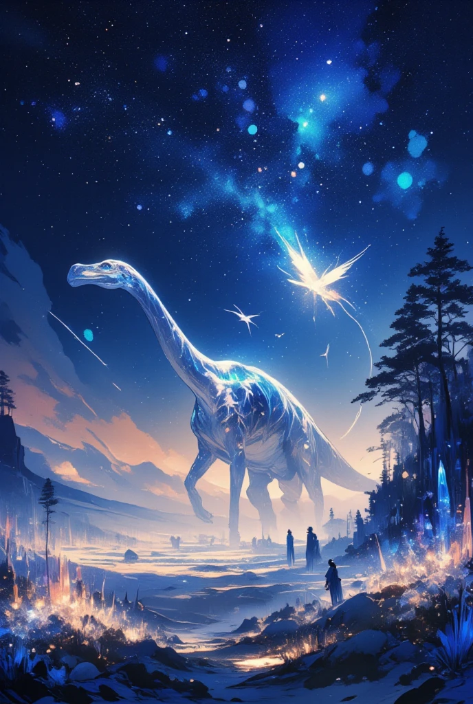 Picture a vast, open plain under a star-studded sky, where the Milky Way stretches across the horizon like a celestial river. The landscape is dotted with giant, luminescent crystals that grow like plants, casting an alien glow over the roaming dinosaurs. In the foreground, visualize a herd of sauropods with translucent, shimmering skin through which their luminescent veins pulse with light in rhythm with the stars above. They move slowly and gracefully, their long necks reaching up towards the sky as if trying to touch the constellations. Among them, small, ethereal creatures with wings made of light flit through the air, leaving trails of sparkling stardust. The scene conveys a surreal connection between the earthbound and celestial, with a focus on the gentle majesty of these ancient giants under the cosmic canopy.