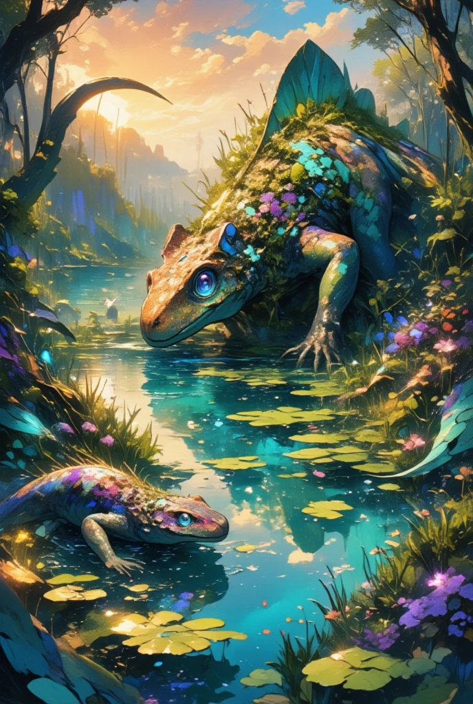 Envision a prehistoric wetland, where crystal-clear lagoons reflect a sky painted with the hues of a fantastical sunset. Along the banks, imagine amphibious creatures that have dream-like forms; enormous salamanders with skin that shimmers in iridescent shades of teal and purple lurk beneath the water’s surface. Their eyes are large and almost jewel-like, filled with intelligence and mystery. On lily pads, small dragonfly-like creatures flit about, their wings leaving trails of light in the air. A stegosaurus with leaf-like plates along its spine grazes near the water’s edge, its body a tapestry of living moss and flowers. Capture the harmonization of water, land, and creature in a delicate balance, emphasizing the mystical magic that imbues a prehistoric life abundant within this lush wetland.