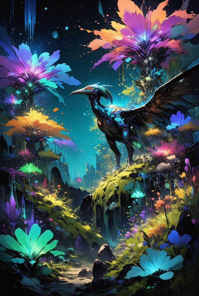 Envision an alien yet serene garden landscape that thrived on ancient Earth. This vibrant scene bursts with colossal flowers blooming in radiant colors, their petals iridescent and glowing faintly as twilight descends. In the heart of this oasis, a graceful Quetzalcoatlus stands tall, its elongated beak probing curiously among the flora. Each feather of this mighty pterosaur shimmers like stained glass. Nearby, mysterious plants open their luminescent pods, releasing swirls of glowing spores that float lazily in the air, creating a gentle dance of light and color. The ground is carpeted with rich, emerald moss and speckled with diverse fungi types that pulsate with bioluminescent rhythms. Capture the atmosphere of this dreamlike place, a sanctuary where ancient creatures and plant life coexist in a timeless, enchanted embrace.