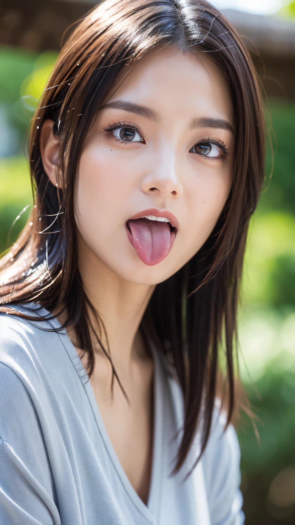 (( top quality)),(超 High Definition ),( very detailed),( detailed description ),(( best CG )),(masterpiece), very detailedなアート、( top quality、8k、32K、masterpiece)、( realistic )、( realistic :1.2)、( High Definition )、 very detailed, ( close-up face :1.6), very pretty face and eyes , big eyes, 1 Woman 、 Thin Waist、Delicate body、( top quality、 attention to detail、 rich skin details )、 very detailed、( realistic 、 realistic :1.37)、 bright color 、( Casual Fashion:1.3), realistic nostrils、angle from below、 Dilated C-shaped nostrils 、Sweaty skin、 Sweat accentuates shiny skin 、((Sharp Nose))、shiny skin、 big eyes、 double eyelid、((Wet tongue)) (())10cm to camera lens
