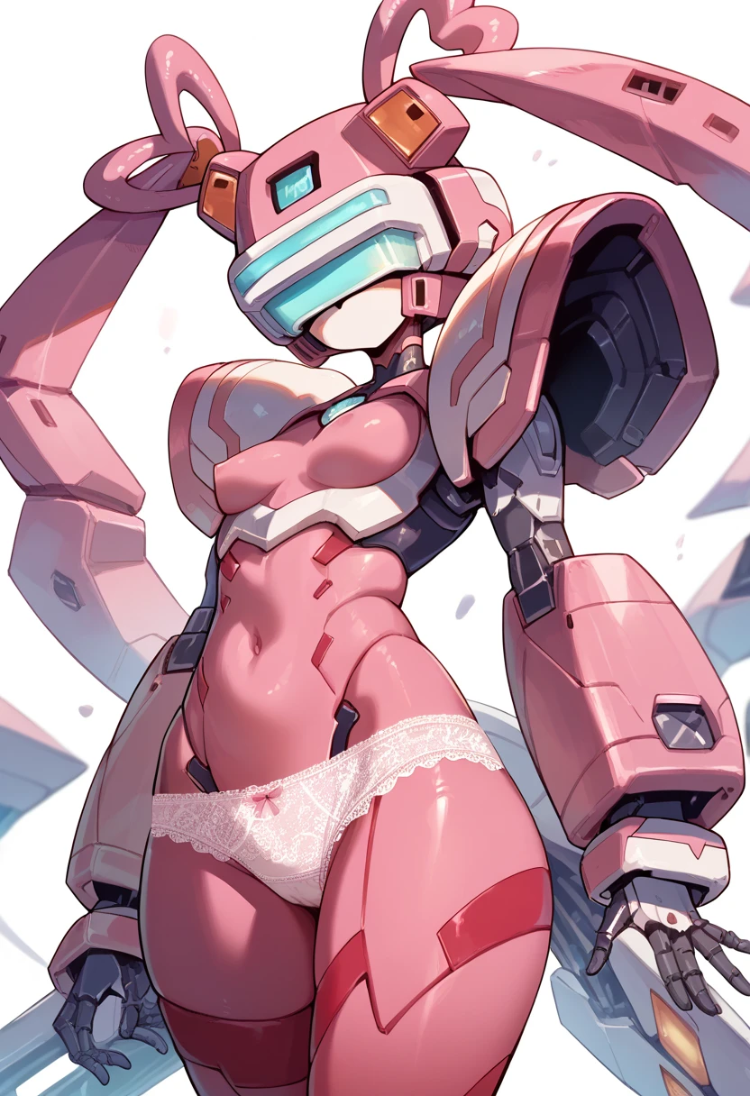 (twintails,mechanical girl,mechanical body,mechanical goggle,White mask,pink body color,no mouth)
(Completely naked,lace panties)