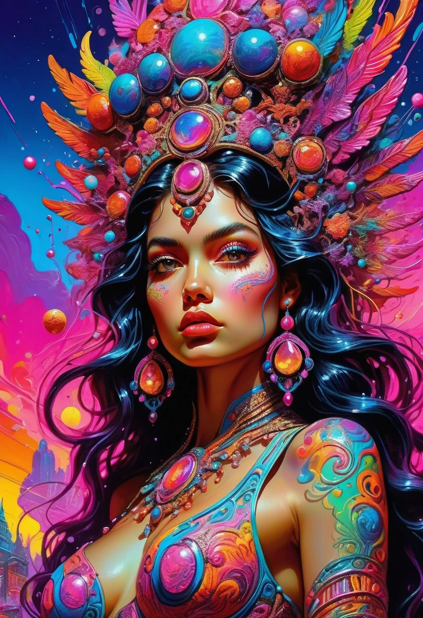 salpicos de cores，Paint splashing，Captivating psychedelic surreal neon amazing universe beautiful gorgeous women in a bright colorful neon light，Mark Reiden、daniel merriam、Bright neon colors in the style of Frank Frazetta and Boris Vallejo, 、photohyperrealistic, trippy,  ornate, beautiful, fine Detail, Intricate detail, Hyper detailed, oil painting, intricate colors,