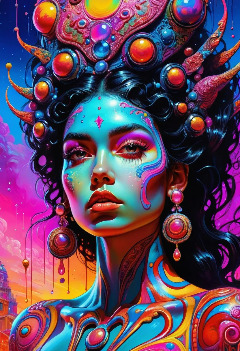 salpicos de cores，Paint splashing，Captivating psychedelic surreal neon amazing universe beautiful gorgeous women in a bright colorful neon light，Mark Reiden、daniel merriam、Bright neon colors in the style of Frank Frazetta and Boris Vallejo, 、photohyperrealistic, trippy,  ornate, beautiful, fine Detail, Intricate detail, Hyper detailed, oil painting, intricate colors,