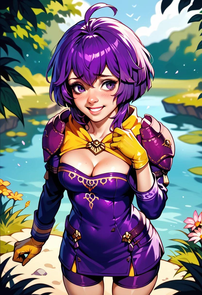 Illustration, realistic proportions, Bernadetta von Varley, short purple hair, hair ornament, shoulder pads, purple dress, short dress, bare breasts, hard nipples, long sleeves, purple shorts, cleavage, yellow gloves, shy smile,  standing on the coast of a lake, watching towards water