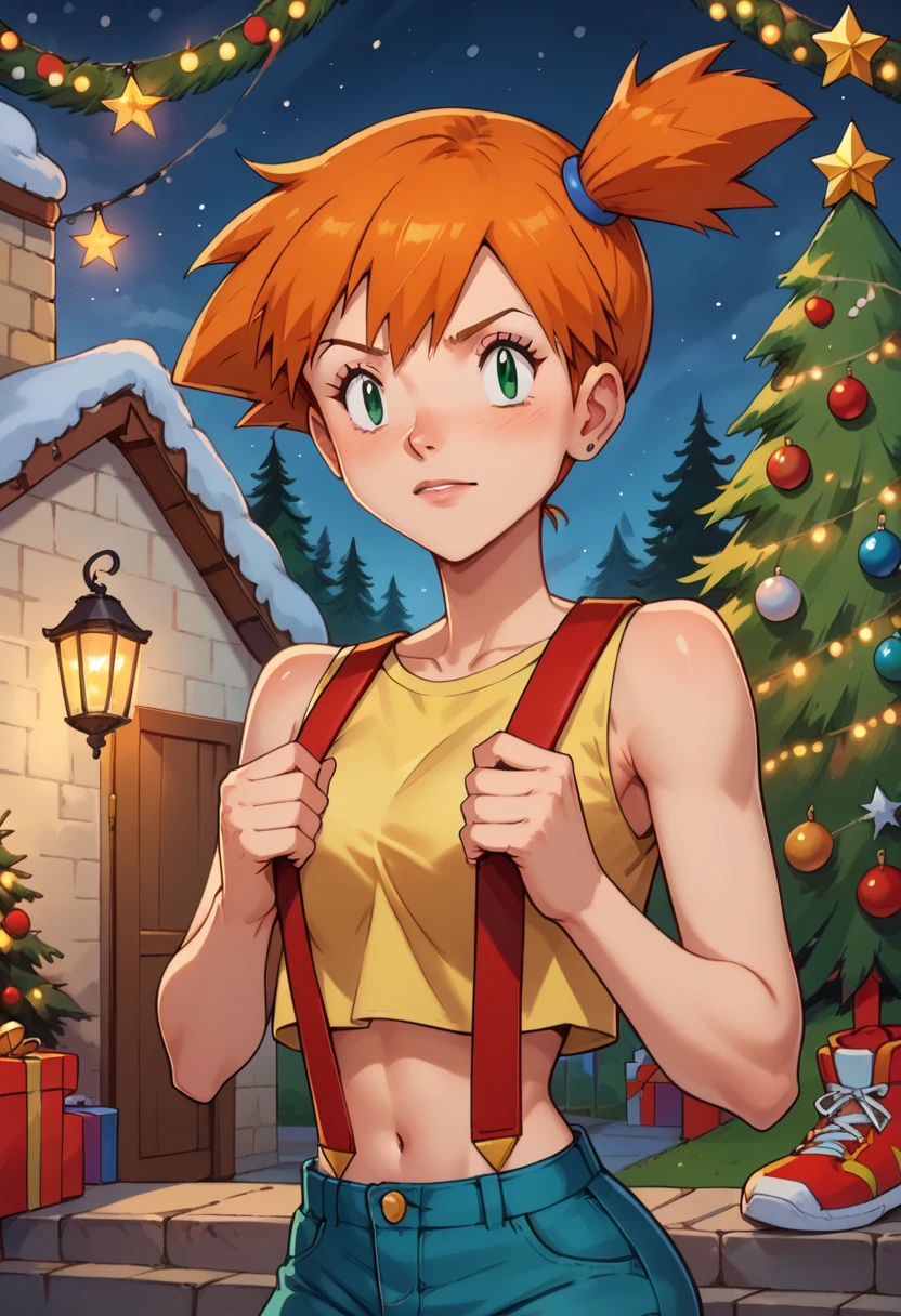 masterpiece, best quality, Misty, \(Pokemon\), green eyes, orange hair, bangs, side ponytail, hair tie, short hair, eyeshadow, yellow shirt, sleeveless, midriff, red suspenders, blue shorts, red sneakers upper body, instant christmas, Flashing Flashing, lights out, high quality beautiful lights around the body,  Setting up the Christmas tree, Looking at the tree, santa hat, night