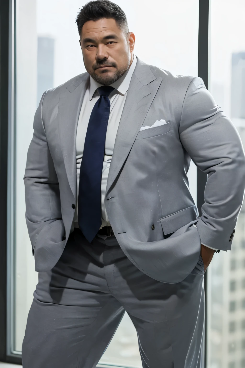 (upper body:1.5),Japanese male, solo, Fat muscler Japanese man in a white suit, whole body,(look at viewer:1.2), (Detailed eyes),in the office, Thick legs, shy expression,Thick arms, Very short grey hair, Very short grey goatee, Grey jacket, Grey trousers, Long trousers, Tight suspension, light purple tie, tight shirt, Huge nice bulge, Shirt tucked into pants, A very good rugby player, 60 years old, Grey jacket and trousers, fatty muscler body, Good rugby player, big bluge, grey hair,realistic