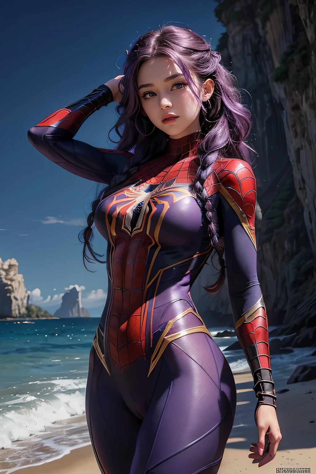 (Extreme Detail CG Unity 8K wallpaper, masterpiece, highest quality), (Exquisite lighting and shadow, highly dramatic picture, Cinematic lens effect), a beautiful girl in a purple Spider-Man costume, purple lingerie, purple curly hair color, long hair, braiding hair, beautiful purple eye, evil face, pursed lips, (Blue Flame one's finger at oneself), from the Spider-Man parallel universe, Wenger, Marvel, Spider-Man, on the cave, very beautiful face, dynamic pose), (excellent detail, excellent lighting, wide angle), (excellent rendego on cave, enough to stand out in cave, clasocus on purple Spider-Man costumes, complex spider textures