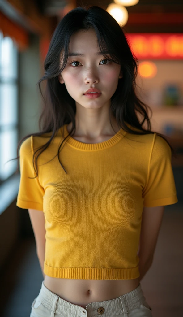 realisticlying、Selfie of a 16-year-old woman、［Frame-only upper body］、Look up、Looking up from the front of the bed sitting on the bed、Face large zoom、chest large zoom face real、Wearing yellow innerwear、Breasts enlarged、Face smile、A sexy、Bedrooms、Wear shorts on the lower body、